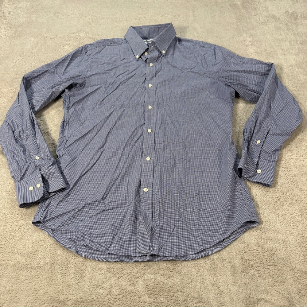 Uniqlo Mens Large Slim Fit Gingham Button Down Shirt Blue White Stretch Casual